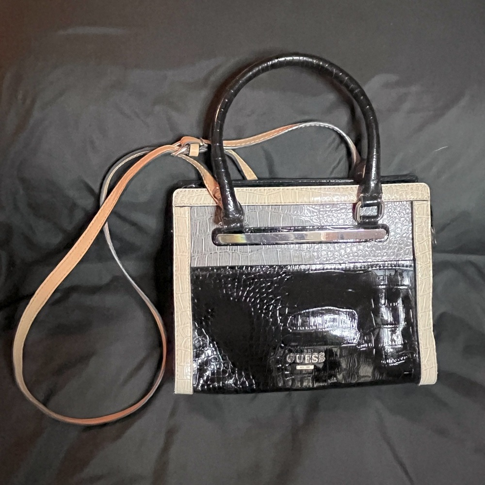GUESS Fox Trot‎ Leather Croc Embellished Handbag With Straps, Taupe GUC